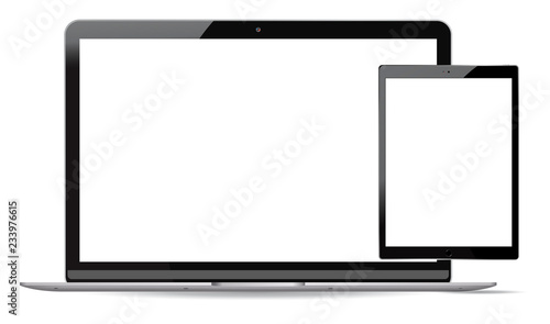 Laptop and tablet pc mockup set. Mobile devices vector illustration. Notebook and phablet isolated on white background. photo
