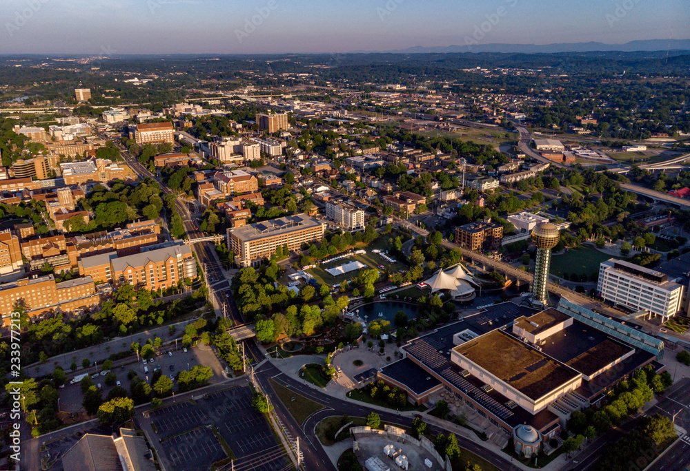 Fototapeta premium Aerial view of Knoxville with sun sphere and university of Tennessee