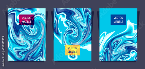 Set template of label or brochure or book covers or flyer and banner with abstract marble or acrylic paint texture which imitation of waves in blue for cosmetic or perfume and other things