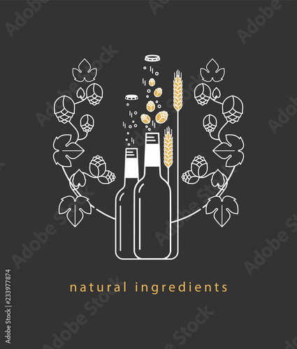 Beer bottle, ornamental hop branch and wheat ears. Vector icon. Craft beer with brewing ingredients. Illustration for brewery, pub, bar, restaurant. Modern line style.