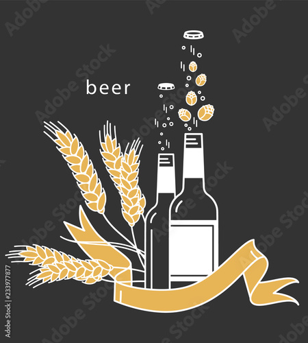 Beer bottle, hop and wheat. Vector concept with a ribbon. Modern line style. Illustration for web site, brewery icon, pub sign, beer bar symbol.