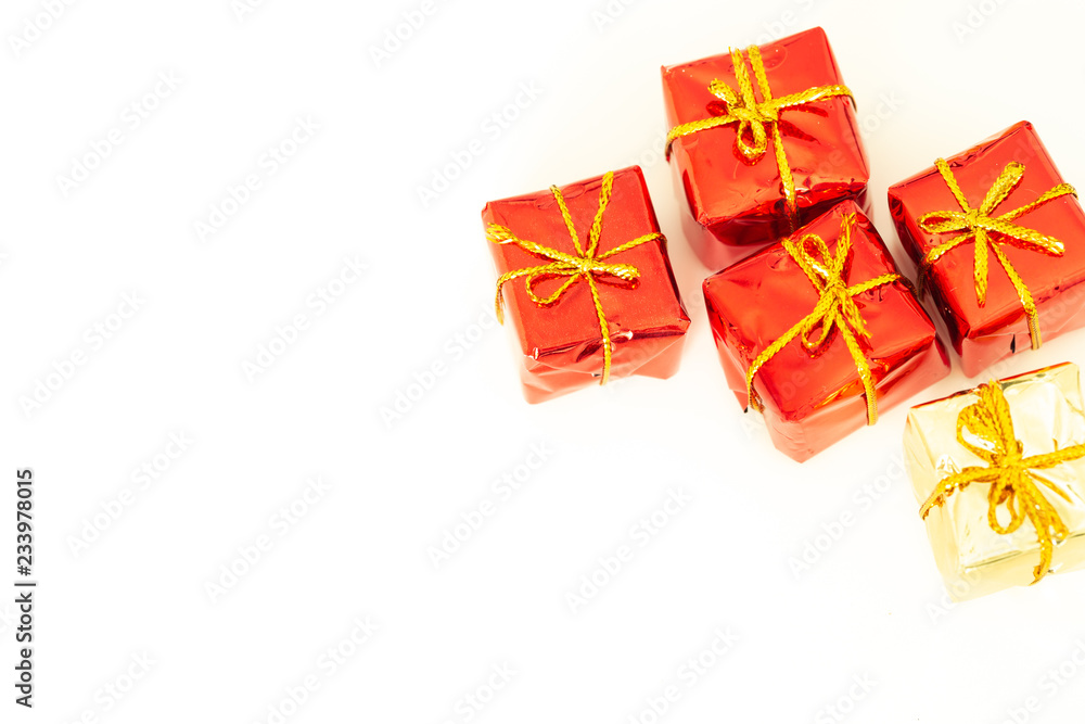 packages with presents on a white background with empty space for wishes or dedications.