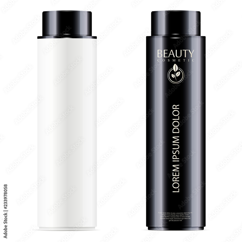 Black and white cosmetic bottles set for facial toner, hair shampoo or shower gel. Vector design template. Cosmetics packaging mockup. Realistic 3d illustration.