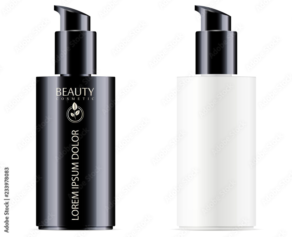 Black and white cosmetic bottle with black pump dispenser lid for moisturizer and facial liquid products. Vector design template. Cosmetics packaging mockup. Realistic 3d illustration.