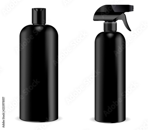 Black pistol sprayer bottle with black dispenser cap and black shampoo bottle joined in set. Isolated containers design with pump dispenser. Vector mockup illustration.
