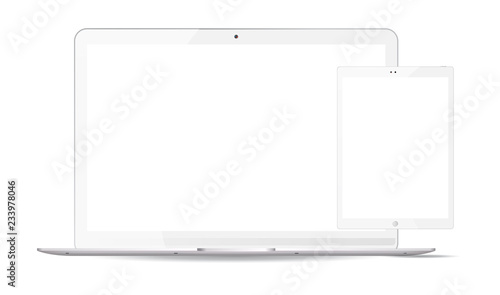 White laptop and tablet pc mockup set. Mobile devices vector illustration. Notebook and phablet isolated on white background. photo