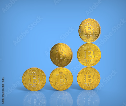 Gold bitcoin mockup 3D illustration set on blue BG photo