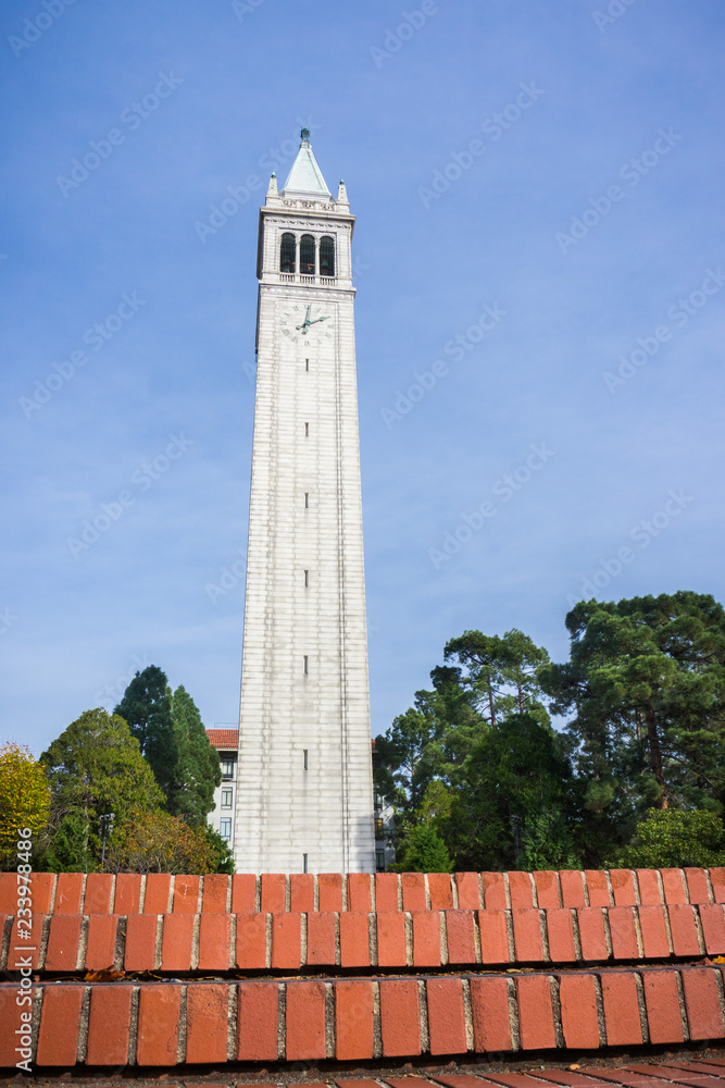 Sather tower (the Campanile) on a blue sky background, Berkeley, San Francisco bay, California