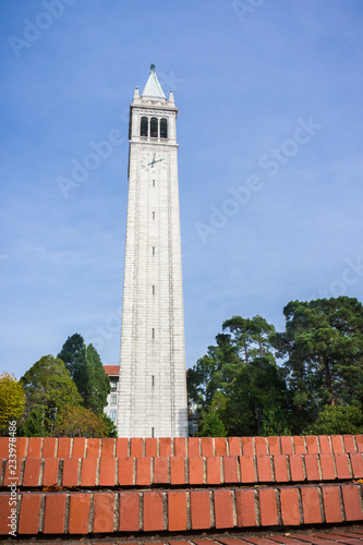 Sather tower (the Campanile) on a blue sky background, Berkeley, San Francisco bay, California photo