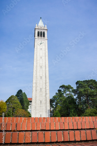 Photography Sather tower (the Campanile) on a blue sky background, Berkeley, San Francisco b