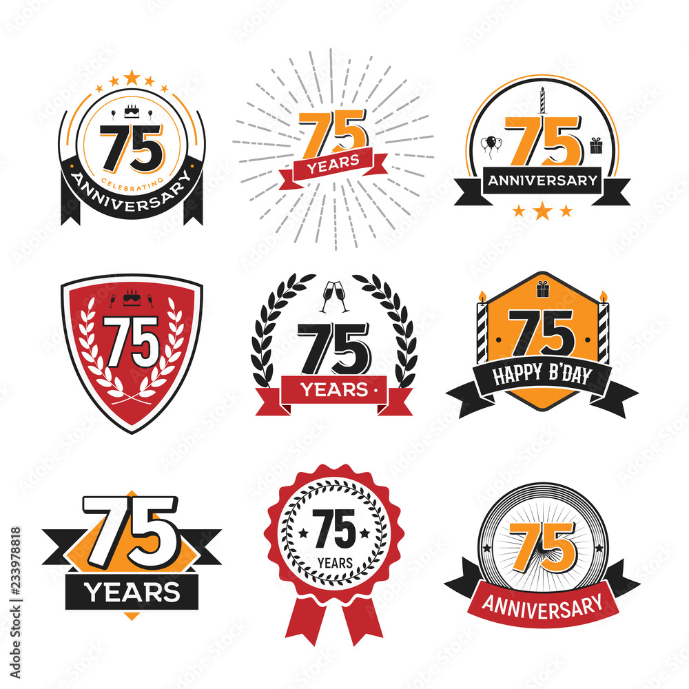 Collection of retro 75 th years anniversary logo. Set of Isolated vintage icons of seventy-five years celebrating vector illustration