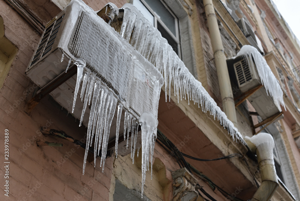 icy facade of the building in extreme winter frost icy facade of the building in extreme winter frost