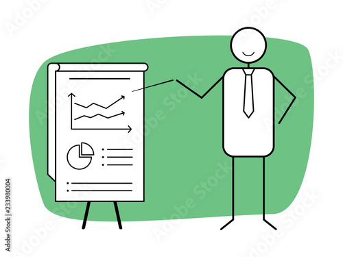Happy businessman character standing near flip chart and showing growing arrow graphics. Business presentation doodle concept. Business data accounting, analysis, report presentation.