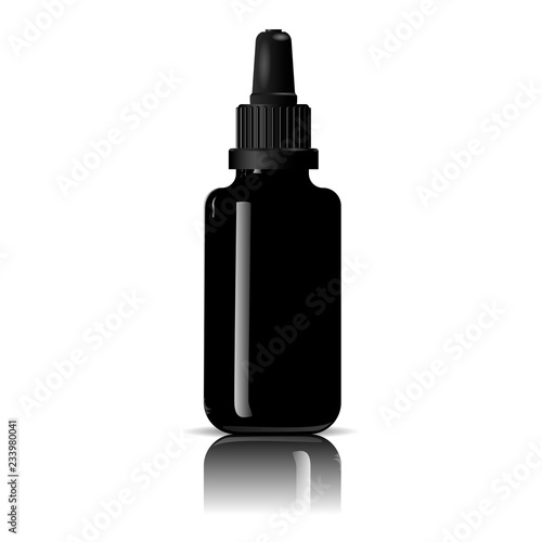 Dropper bottle for medical products, vape e liquid, oil, serum and essence. Black glass cosmetic bottle mockup. High quality eps10 vector illustration.