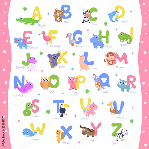 Cute animal alphabet A-Z vector illustration.