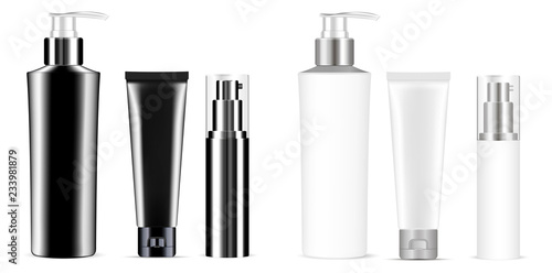 Set of black and white vector cosmetic bottle blank templates, plastic containers bottles with spray, pump dispenser, cream tube. Realistic 3d mock-up of cosmetics package.