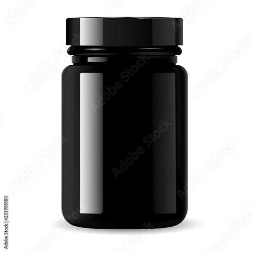 Pharmacy bottle for medical products, pills, drugs, ointment and cream. Black glass cosmetic or sports bottle mockup for bcaa and other supplements. High quality eps10 vector illustration.