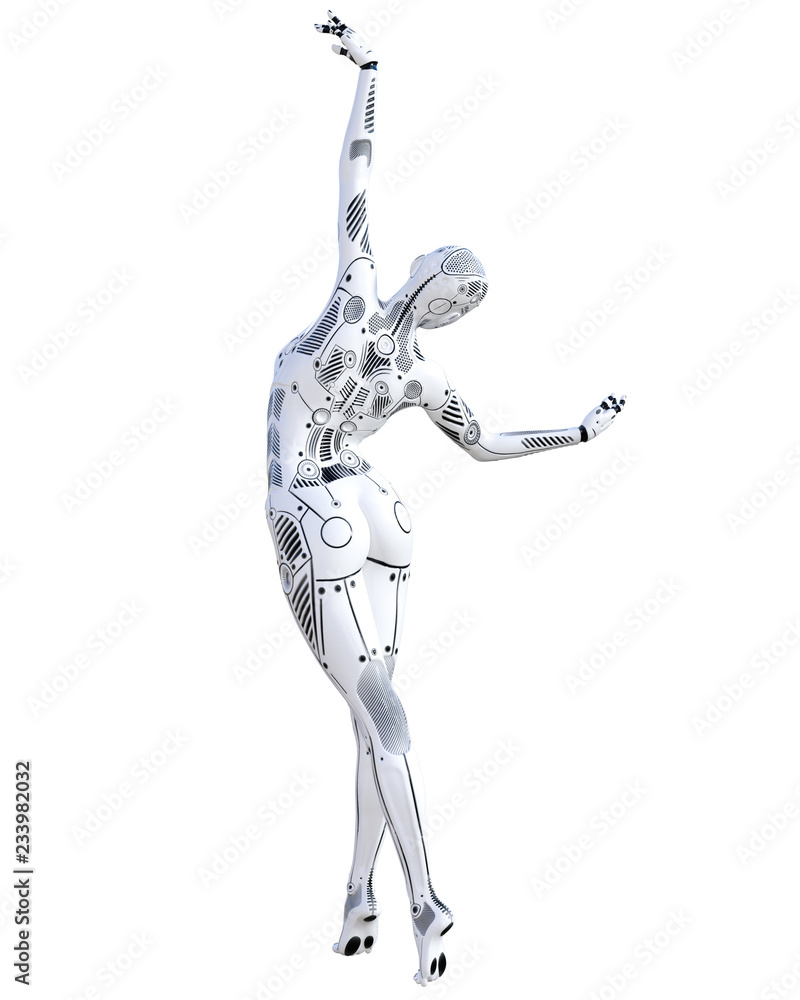 Dance robot woman. Metal droid. Artificial Intelligence. Conceptual fashion art. Realistic 3D render illustration. Studio, isolate, high key. Dance robot woman. Metal droid. Artificial Intelligence. Conceptual fashion art. Realistic 3D render illustration. Studio, isolate, high key.