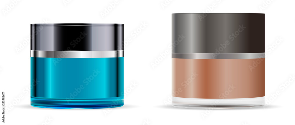 Round blue and brown glass jars set with grey matt and glossy lids - body cream, gel, butter, bath salt, skin care, powder. Realistic packaging mockup template. Vector illustration. Round blue and brown glass jars set with grey matt and glossy lids - body cream, gel, butter, bath salt, skin care, powder. Realistic packaging mockup template. Vector illustration.