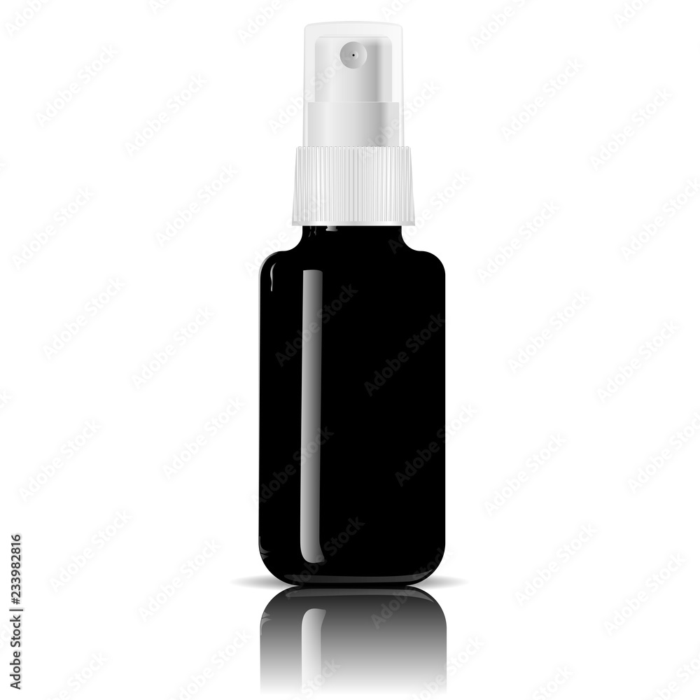 Black glass moisturized spray cosmetic bottle mock up. Vector illustration. Blank template for your design. Dispenser spray lid container. Isolated medical product.