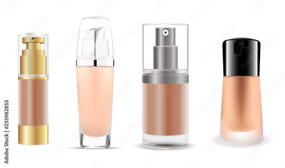Cosmetic base glass bottles set. Vector design of cosmetic foundation package. Advertising of tonal cream, concealer, base. Nutritious cream, gel, body lotion with protein of silk. Cosmetic base glass bottles set. Vector design of cosmetic foundation package. Advertising of tonal cream, concealer, base. Nutritious cream, gel, body lotion with protein of silk.
