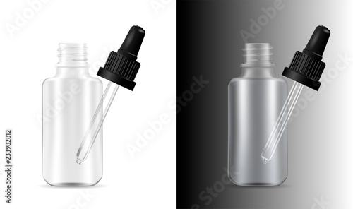 Open dropper bottle with pipette for medical products, vape e liquid, oil, serum and essence. Transparent white glass cosmetic bottle mockup. High quality eps10 vector illustration.