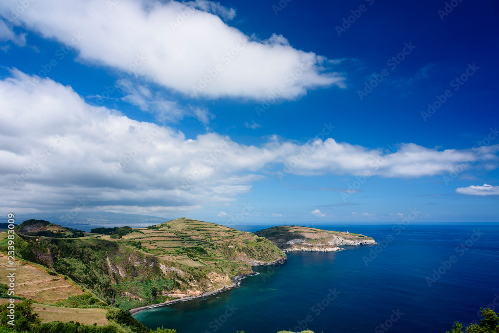 cliff and ocean in azores, view of the coast in soa miguel island during summer, azores, portugal