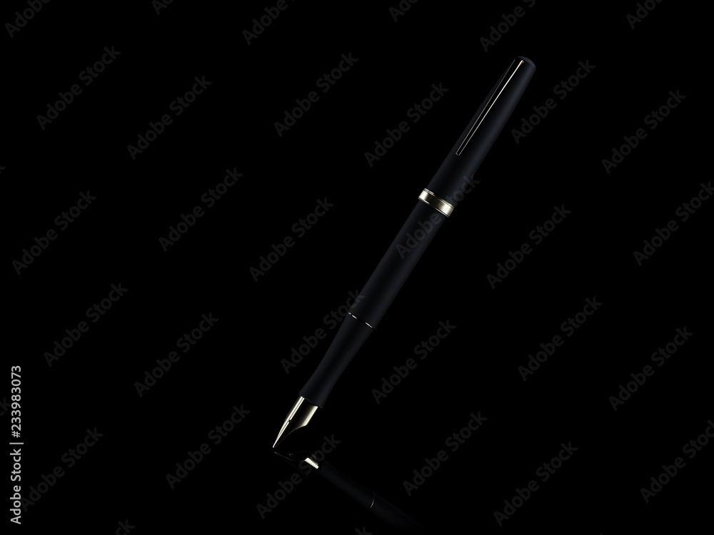 Classic fountain pen isolated on black background. 3d rendering illustration. Fountain pen closeup. Classic fountain pen isolated on black background. 3d rendering illustration. Fountain pen closeup.