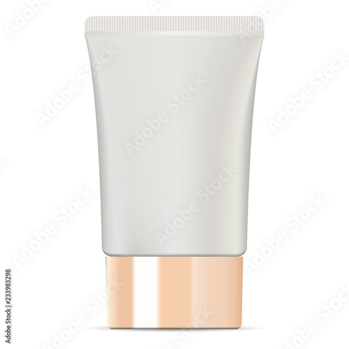 Wide cosmetic cream tube with glossy golden lid. High quality mockup package. Cosmetic jar for cream, ointment, toothpaste, base, foundation. Vector illustration.