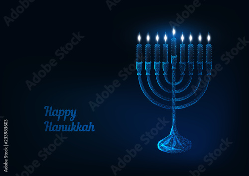 Happy hanukkah greeting card with glowing low poly menorah with candles.
