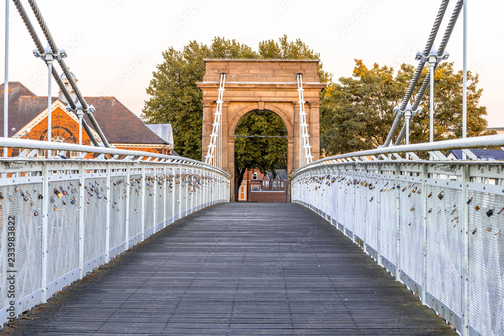 Fototapeta premium Entrance of Suspension Bridge in Nottingham, with strong Architecture 