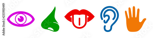 Set of simple five human feelings. Five Senses Body Parts Mouth or lips, hand and nose, eye and ear icons, sight and smell, touch, hearing and taste senses – stock vector
