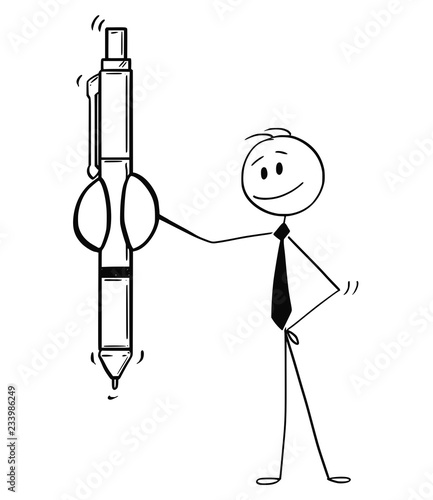 Cartoon stick drawing conceptual illustration of businessman offering a  ballpoint pen to sign a contract or fill out some document. Stock Vector |  Adobe Stock
