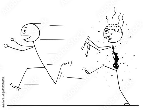 Cartoon stick drawing conceptual illustration of scared man running away from zombie businessman.