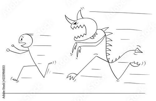 Cartoon stick drawing conceptual illustration of scared man running away from monster creature.