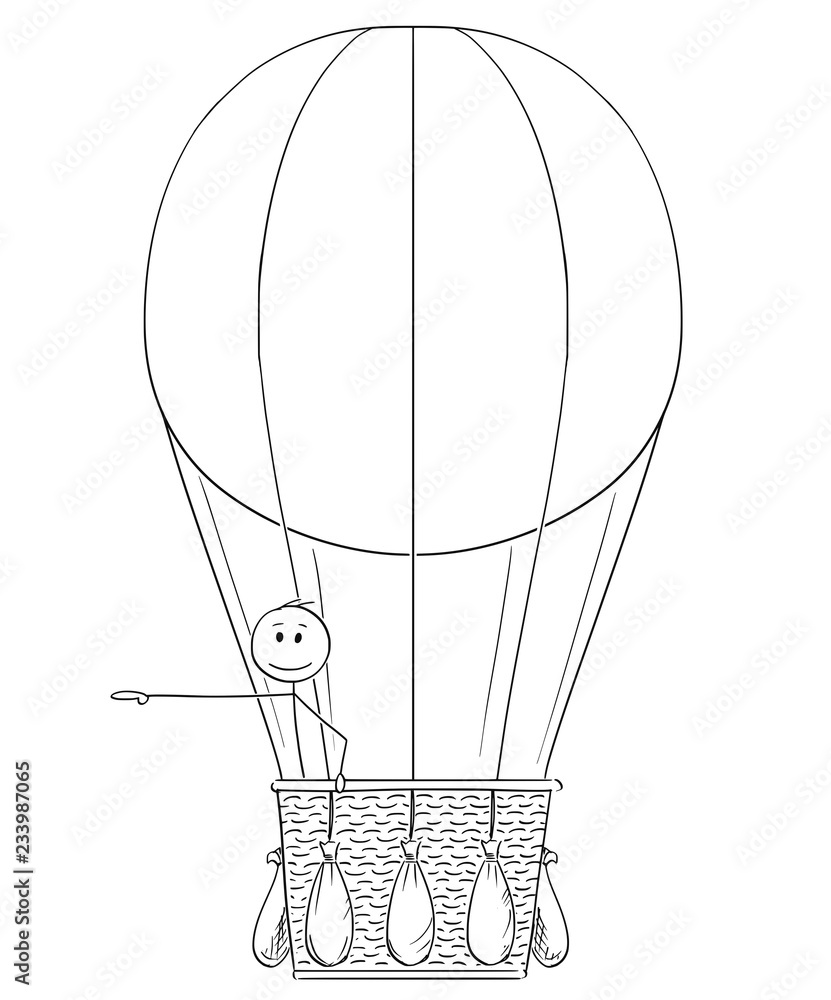 Fototapeta premium Cartoon stick drawing conceptual illustration of man or businessman in hot air balloon pointing his hand at something on his side, possibly sign or text.