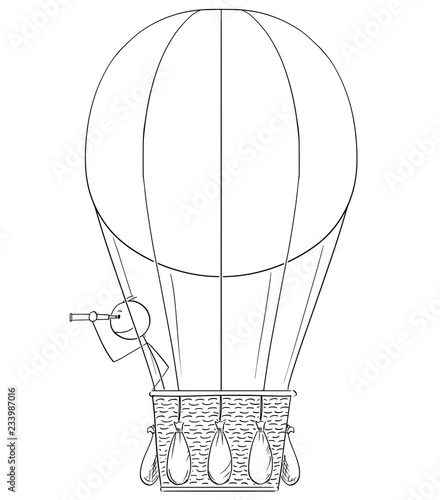 Cartoon stick drawing conceptual illustration of man or businessman in hot air balloon looking through spyglass.