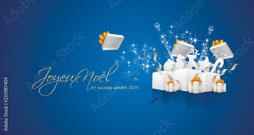 Merry Christmas and Happy New Year 2019 French language Joyeux noel et bonne annee firework white box blue greeting card