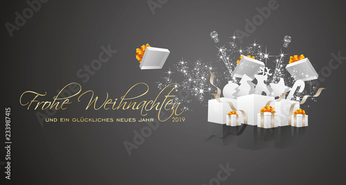 Merry Christmas and Happy New Year 2019 German language Frohe Weihnachten und ein gluckliches neues Jahr firework white box black greeting card