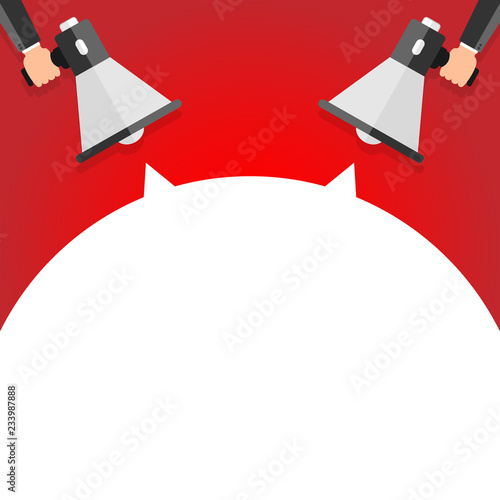Man hand holding megaphone with empty speech bubble. Loudspeaker. Banner for business, marketing and advertising. Vector illustration.
