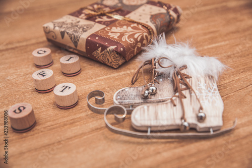 Packing a gift on a wooden table for a festive occasion