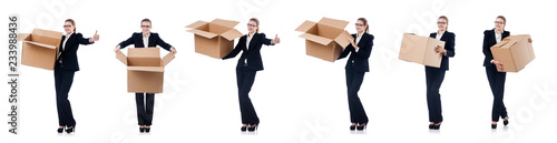 Woman businesswoman with boxes on white