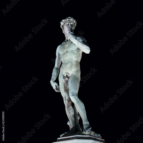 Bronze copy of the David of Michelangelo at night with black background, Florence Italy