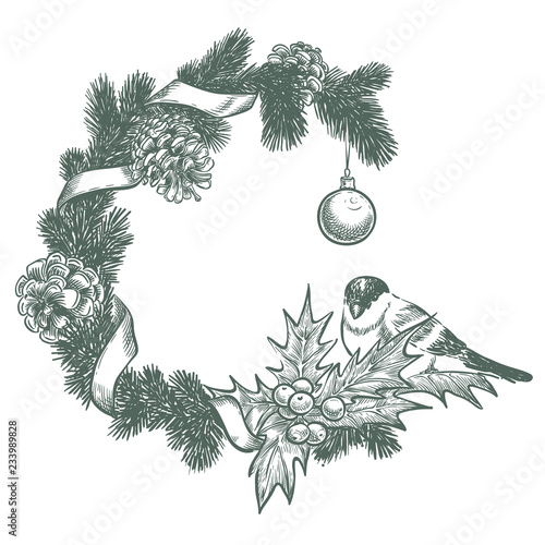 Frame for the new year, with fir branches, bird and cones