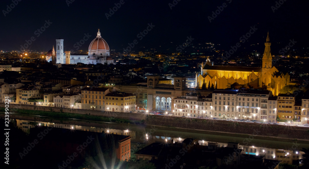 Night view of The Florence Cathedral, Duomo di Firenze, Cattedrale di Santa Maria del Fiore and Santa Croce Church in Florence Italy.