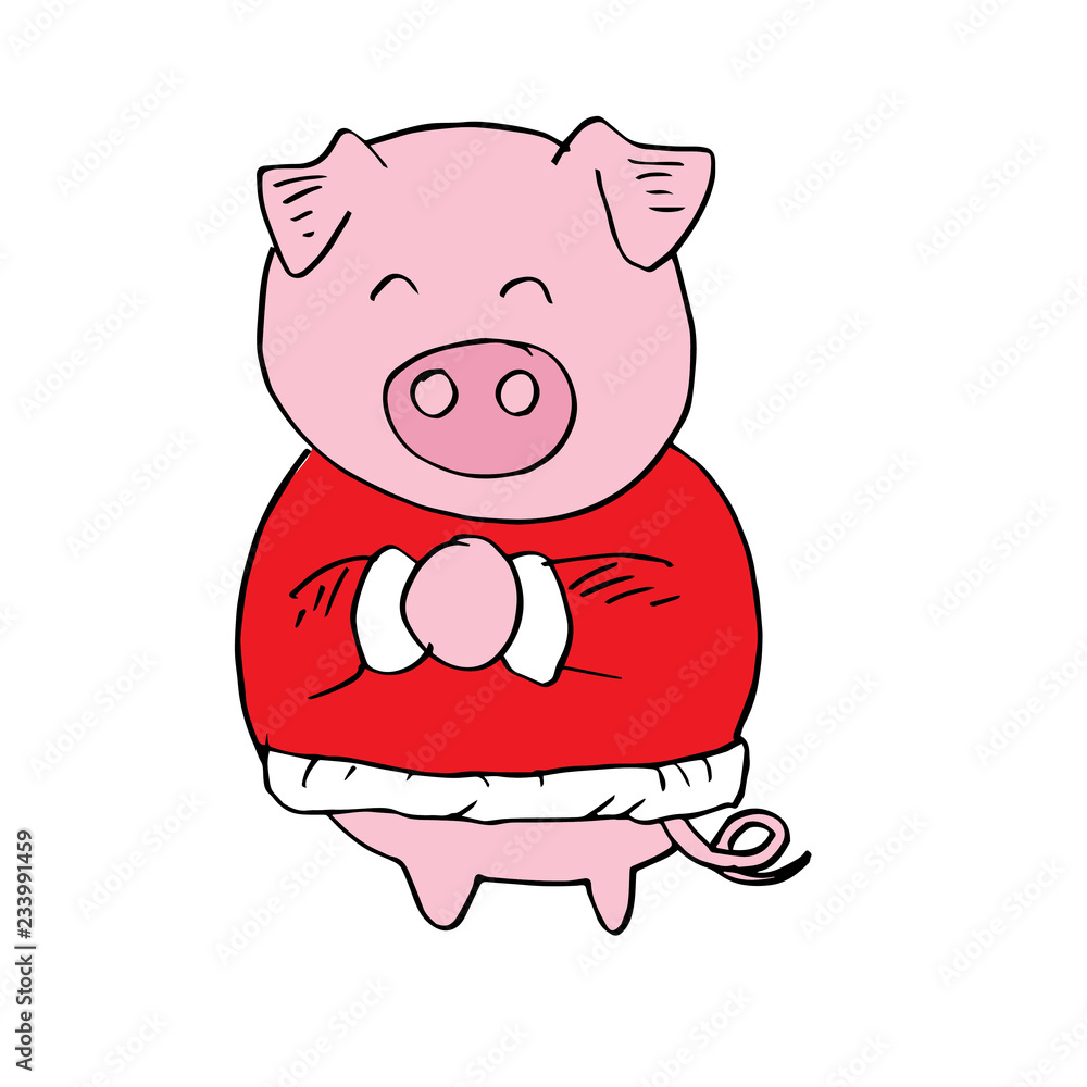 Fototapeta premium Cute pig with Santa Claus clothes 