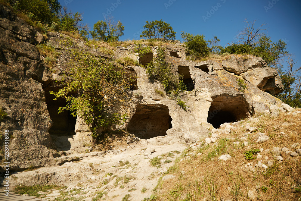 Rocks with natural caves on the peninsula of Crimea