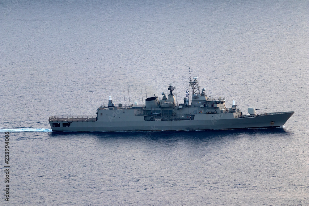 A Greek Navy vessel patroling the Aegean Sea in the time of migrant crisis, summer 2018