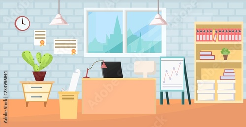Interesting design in office space for employees, rent and sale of office. Full ad banner, poster, web. modern interior. Vector cartoon image