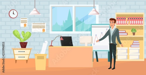 Interesting design in office space for employees, rent and sale of office. Office worker sits and shows on the board with graphs. modern office interior. Vector cartoon image